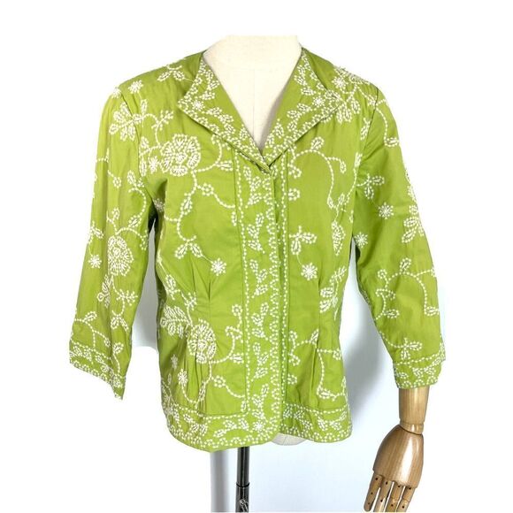 Coldwater Creek Blazer Jacket Green White Floral Embroidery Size 10 - Picture 1 of 17